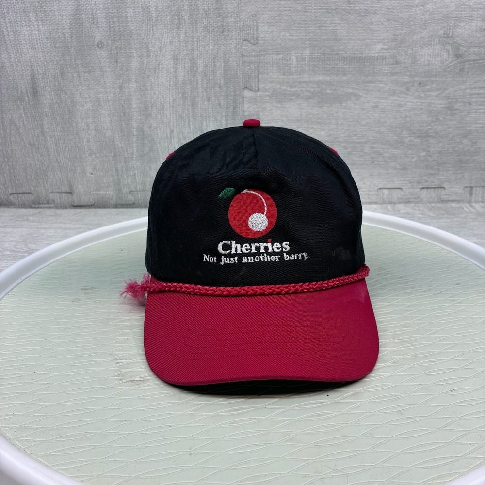 Vintage Cherries Not Just Another Berry Hat Mens OSFA Black Red Cotton Snapback